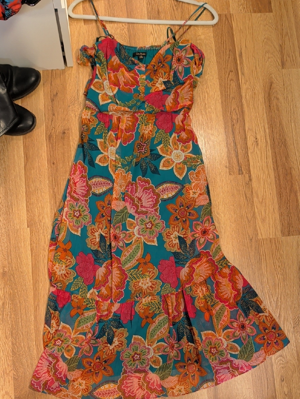 ONE WORLD Teal Maxi Dress with Pink and Orange Floral Print